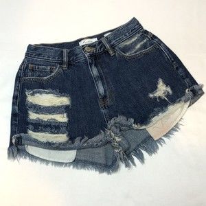 Kancan Ultra High Rise Denim Shorts SMALL Raw Hem Distressed Signature Shortie